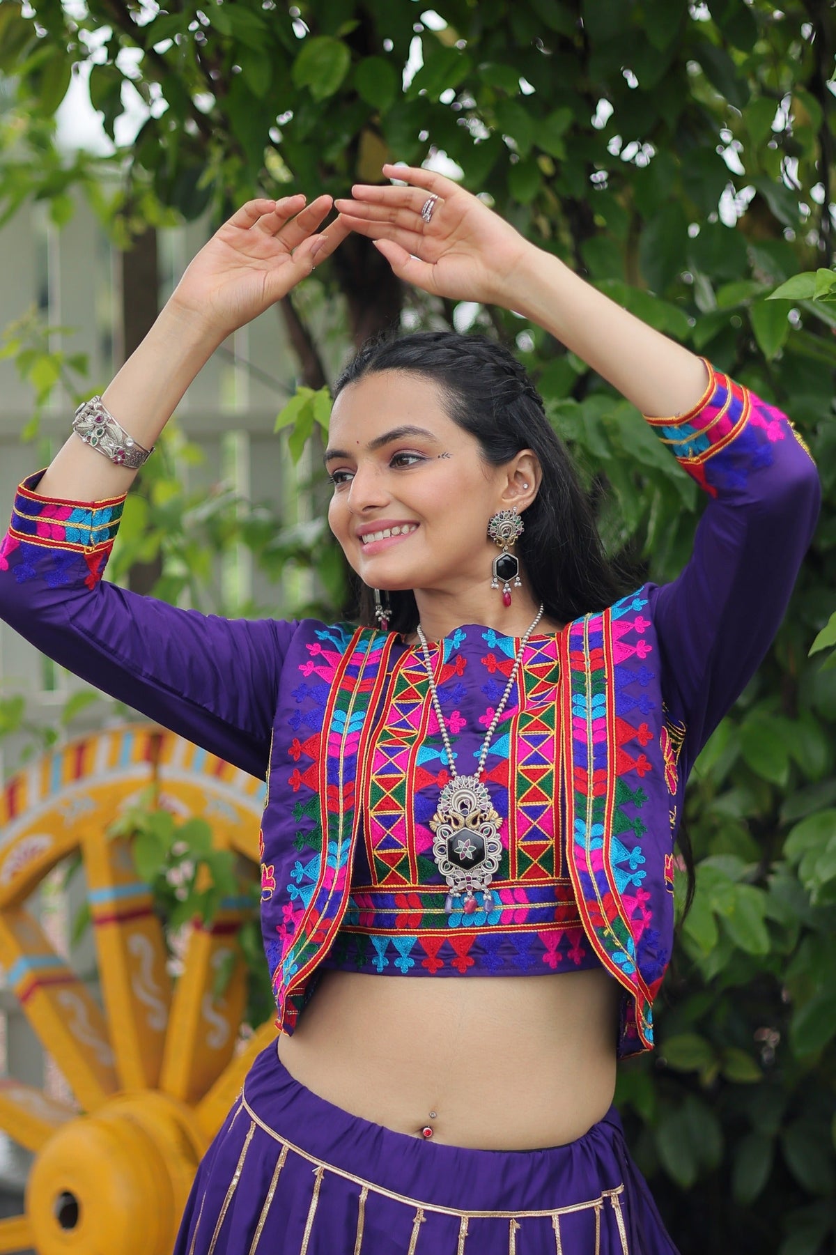 Evanik Navratri Purple Roamn Fabric With Kutchi Work Koti Style Blouse Stitched Lehenga Choli | Grocsy