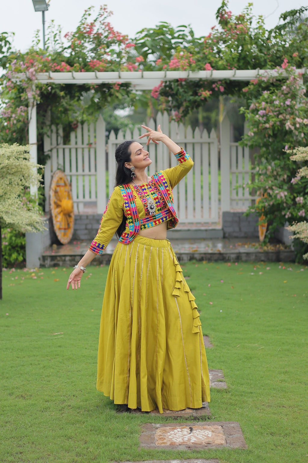 Evanik Navratri Parrot Roamn Fabric With Kutchi Work Koti Style Blouse Stitched Lehenga Choli | Grocsy