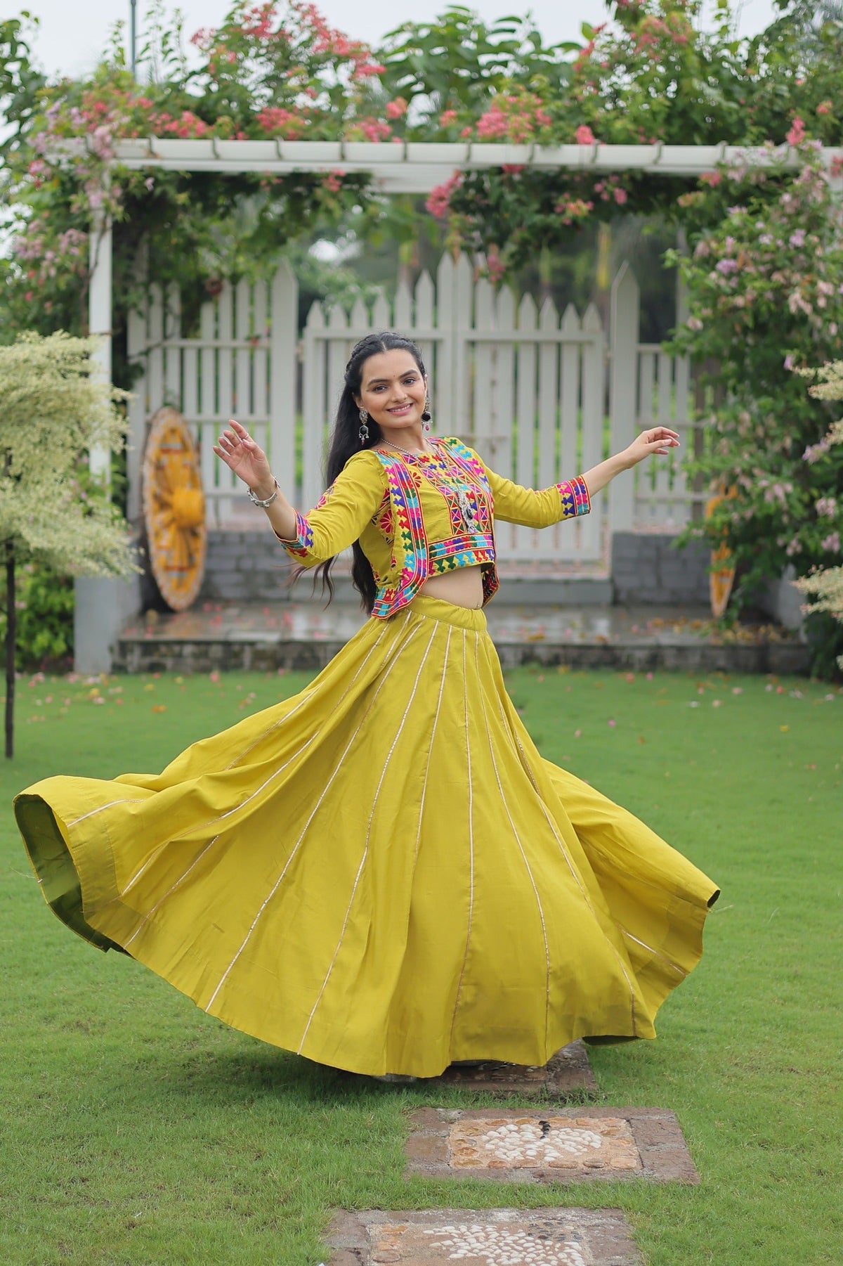 Evanik Navratri Parrot Roamn Fabric With Kutchi Work Koti Style Blouse Stitched Lehenga Choli | Grocsy