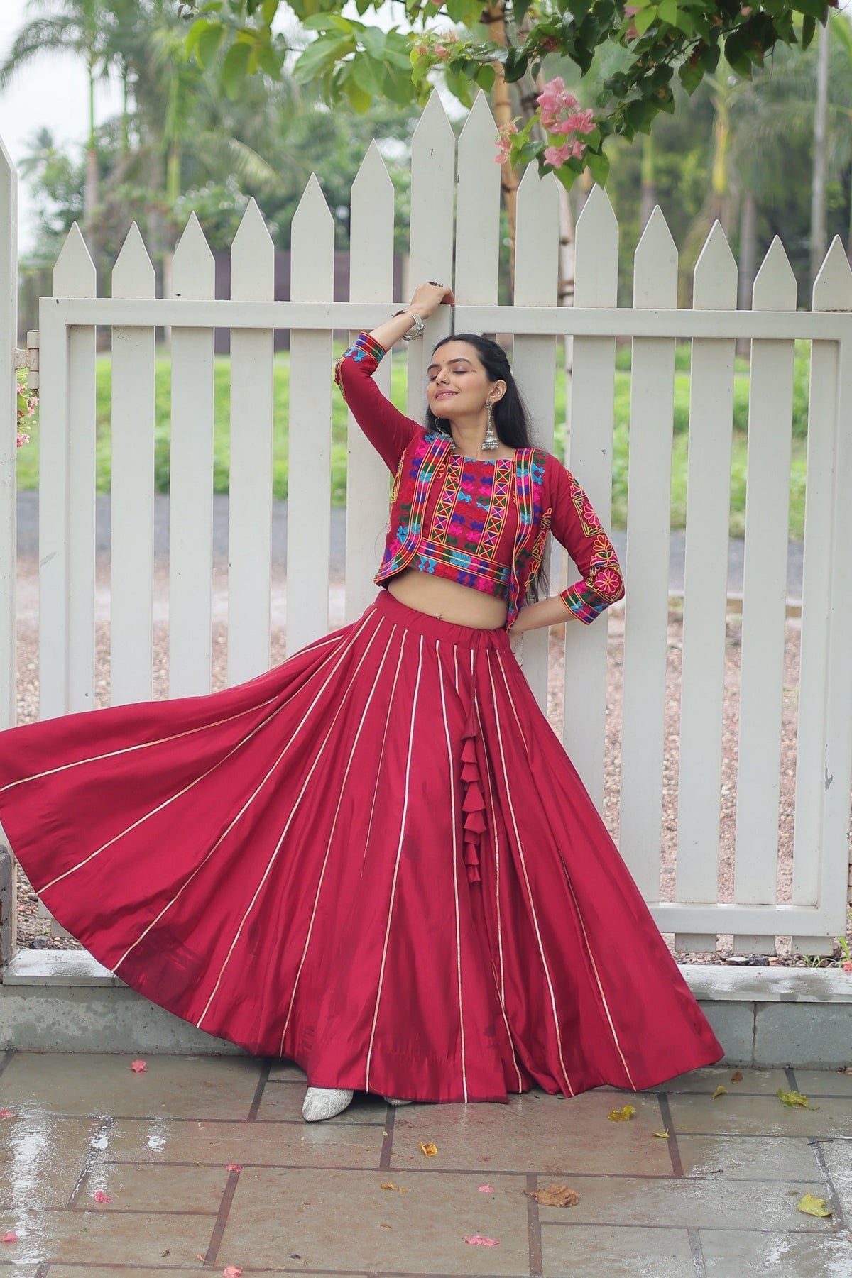 Evanik Navratri Maroon Roamn Fabric With Kutchi Work Koti Style Blouse Stitched Lehenga Choli | Grocsy