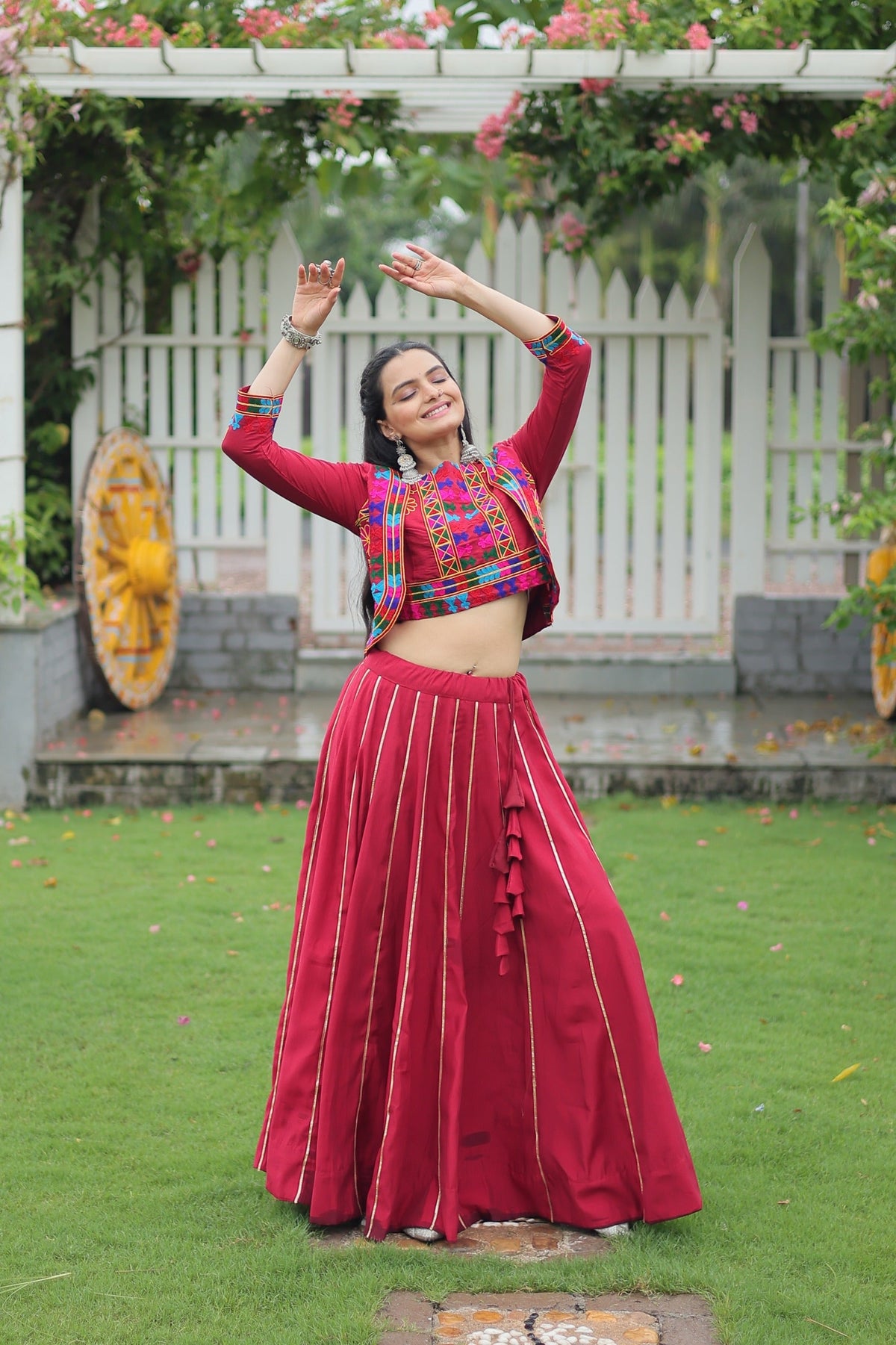 Evanik Navratri Maroon Roamn Fabric With Kutchi Work Koti Style Blouse Stitched Lehenga Choli | Grocsy
