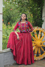 Evanik Navratri Maroon Roamn Fabric With Kutchi Work Koti Style Blouse Stitched Lehenga Choli | Grocsy