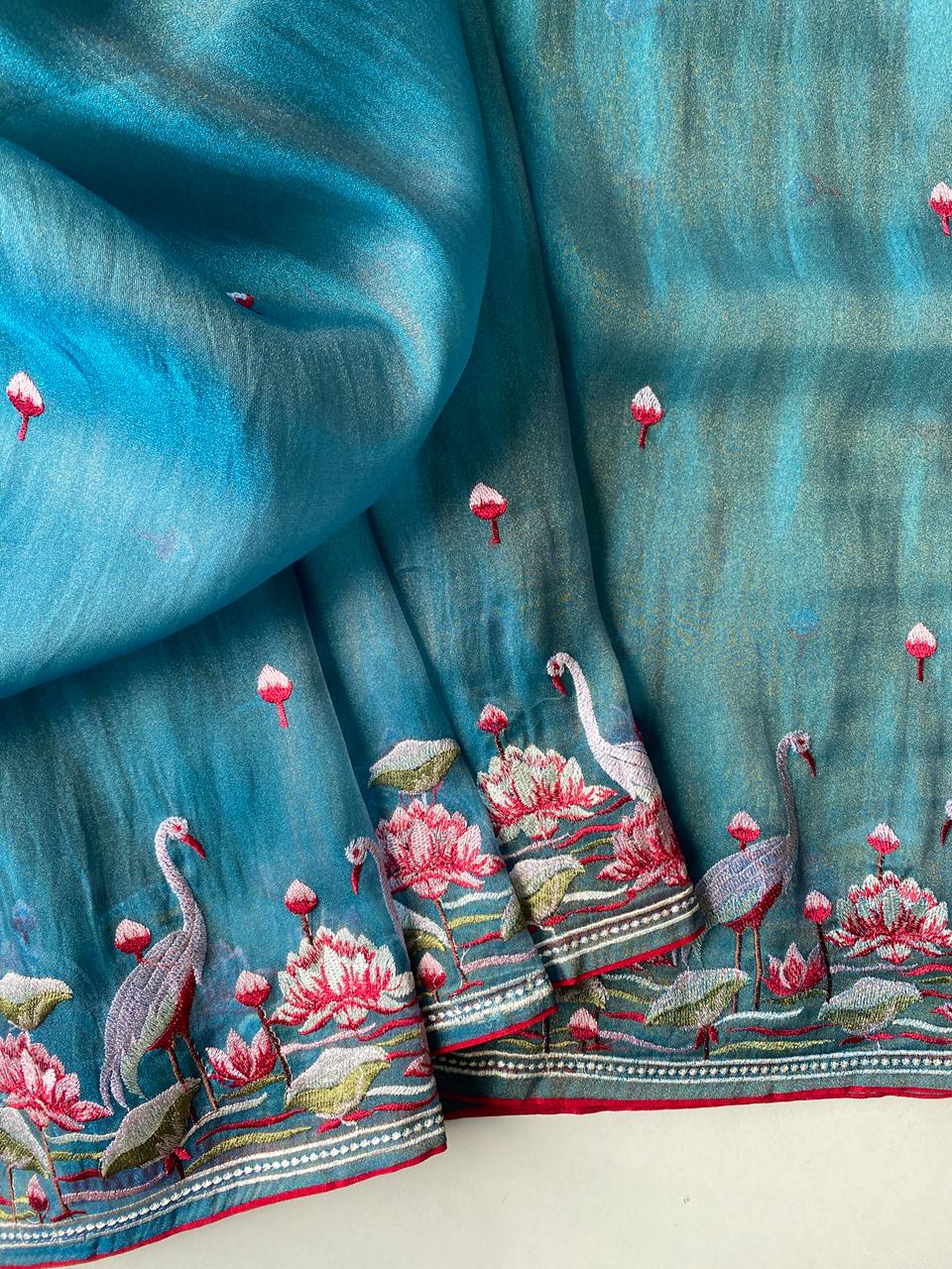 Mameraa Sarees Sky Blue Royal Gabbana Silk Saree Woven In A Shiny Dual-Tone Finish-Sky_Blue | Grocsy