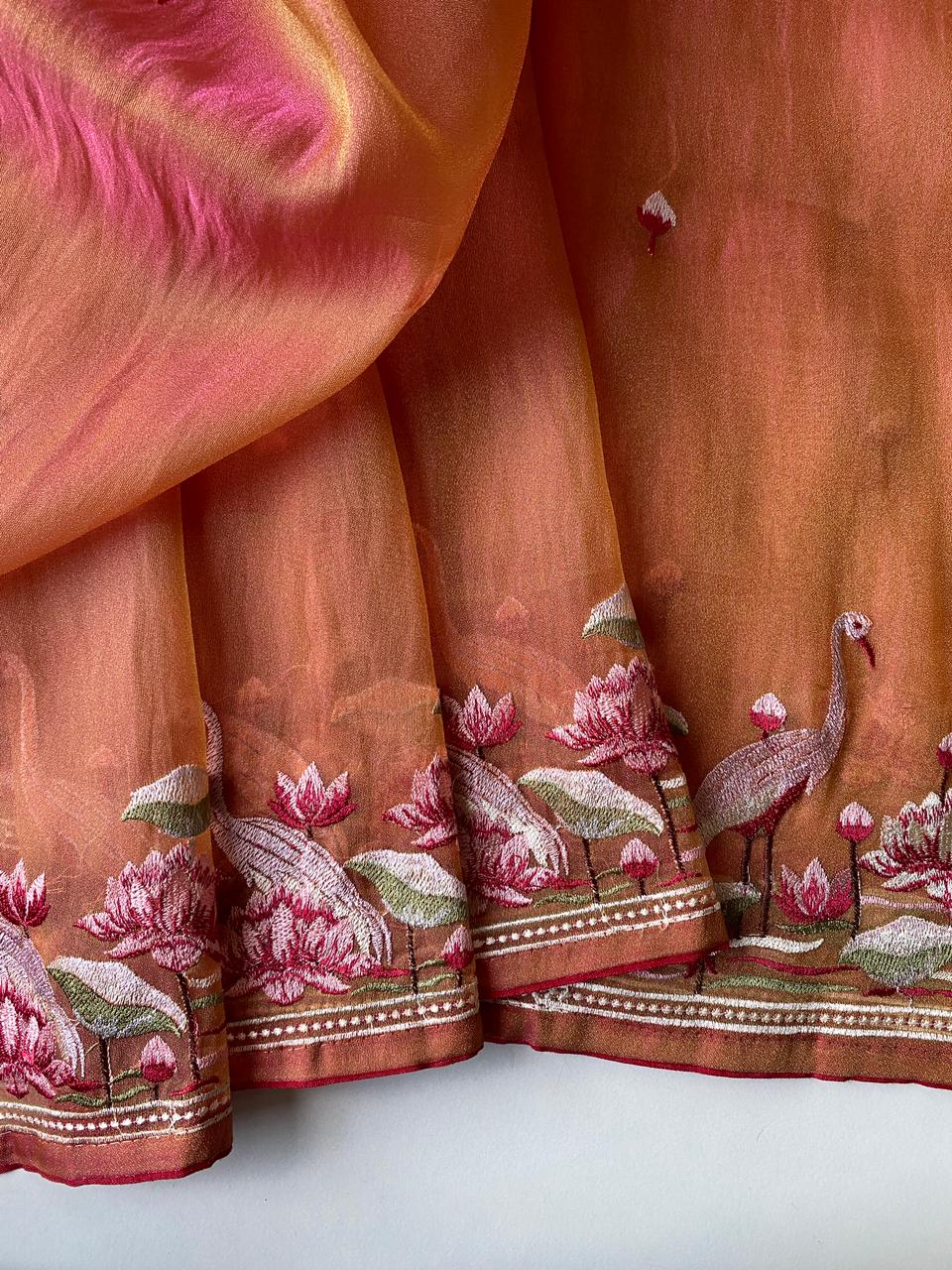 Mameraa Sarees Peach Royal Gabbana Silk Saree Woven In A Shiny Dual-Tone Finish-Peach | Grocsy
