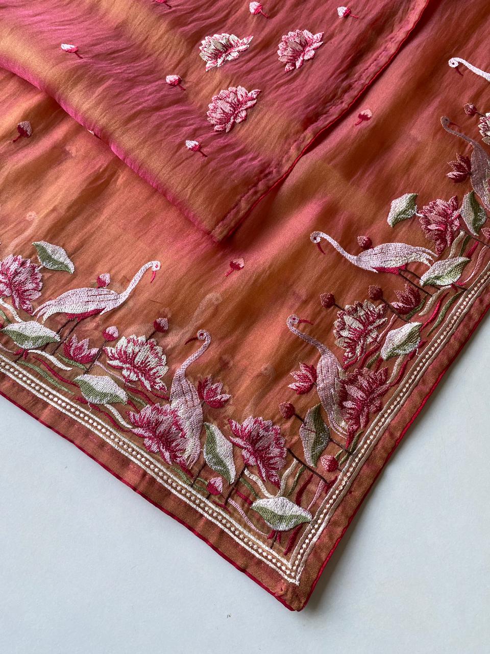 Mameraa Sarees Peach Royal Gabbana Silk Saree Woven In A Shiny Dual-Tone Finish-Peach | Grocsy