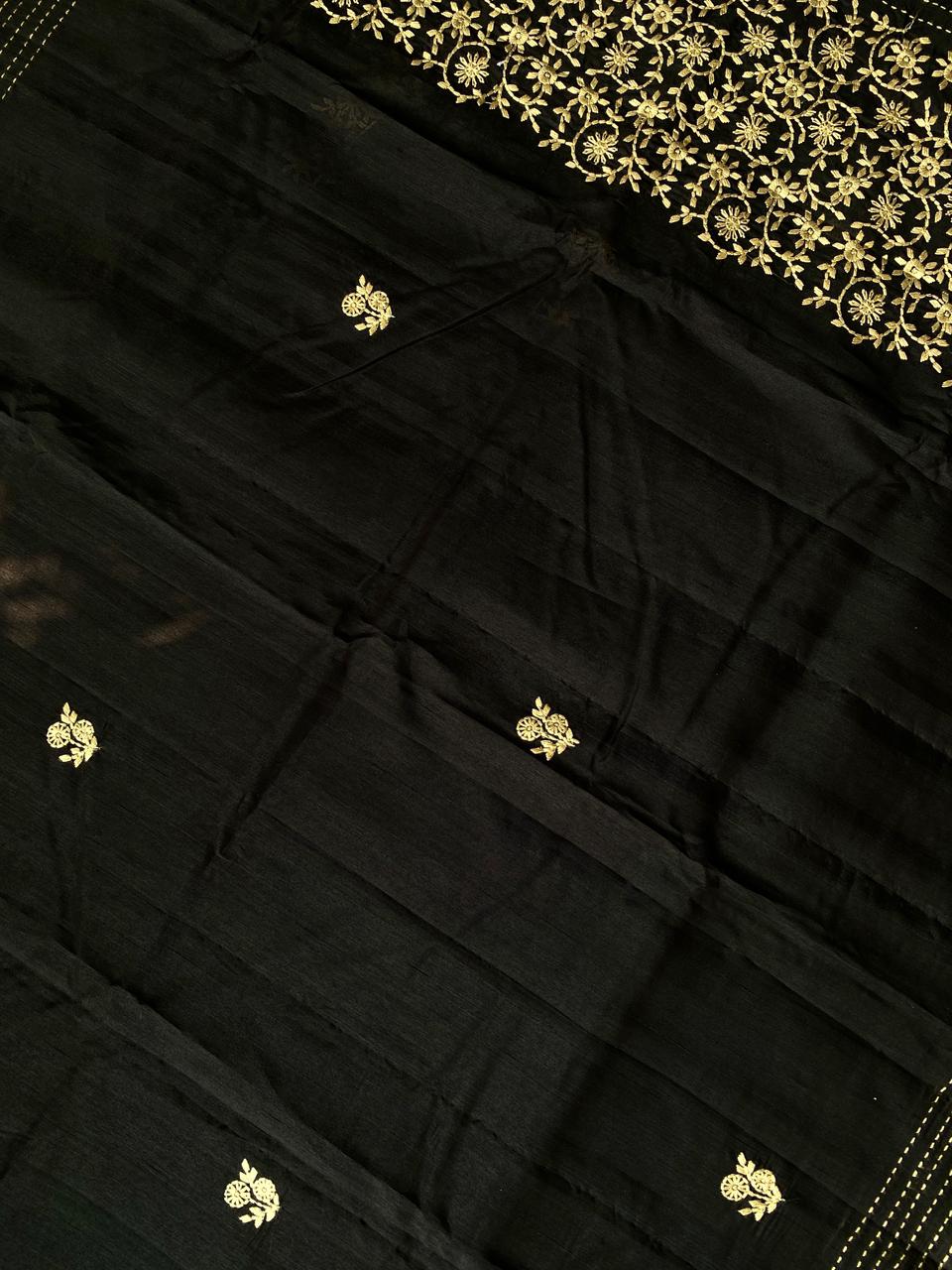 Mameraa Sarees Black Matka Silk Saree With All Over Designer Embroidery-Black | Grocsy