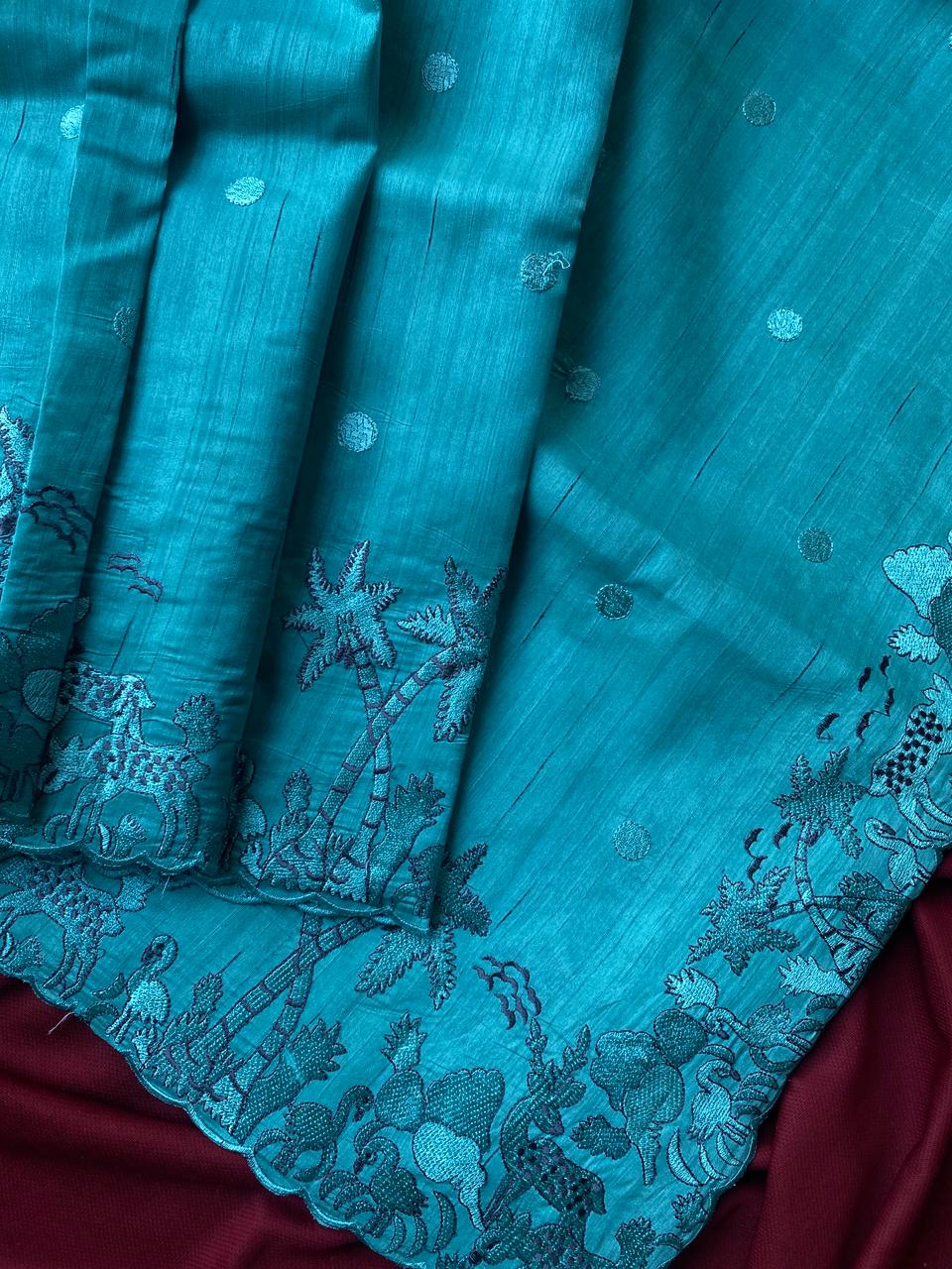 Mameraa Sarees Teal Matka Silk Saree With Heavy Floral Embroidery Border With Running Blouse-Teal | Grocsy