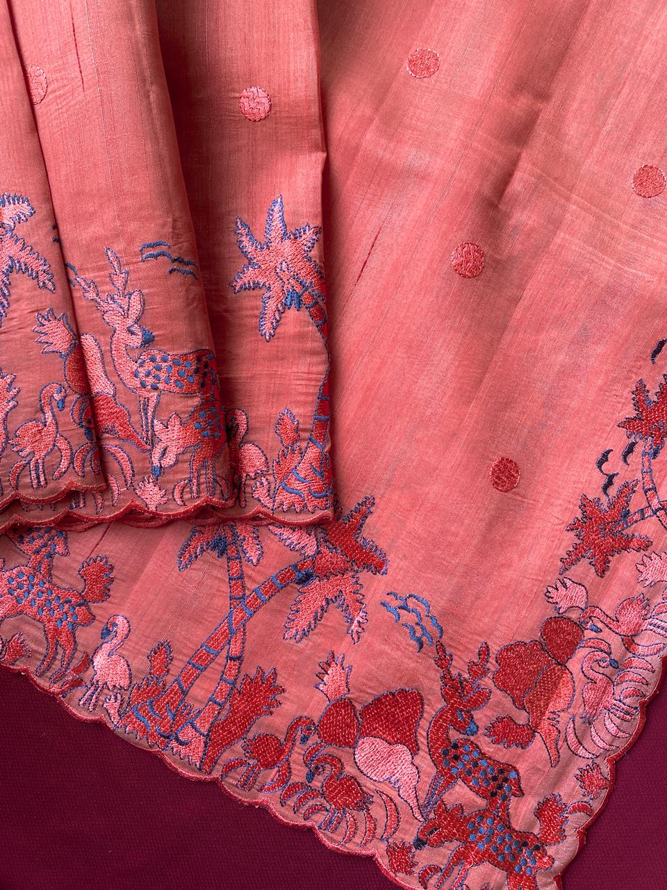 Mameraa Sarees Orange Matka Silk Saree With Heavy Floral Embroidery Border With Running Blouse-Orange | Grocsy