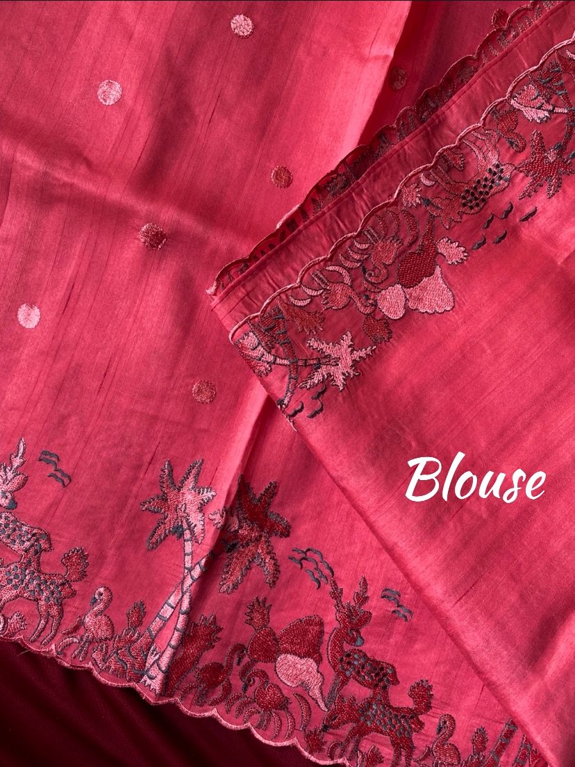 Mameraa Sarees Pink Matka Silk Saree With Heavy Floral Embroidery Border With Running Blouse-Pink | Grocsy