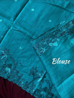Mameraa Sarees Teal Matka Silk Saree With Heavy Floral Embroidery Border With Running Blouse-Teal | Grocsy