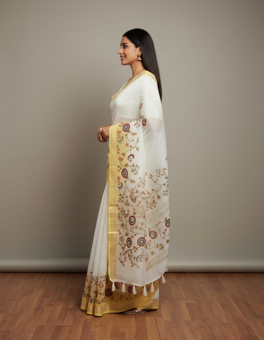 Morchari Mal Chanderi with all over Kantha Hand Work Saree | Grocsy