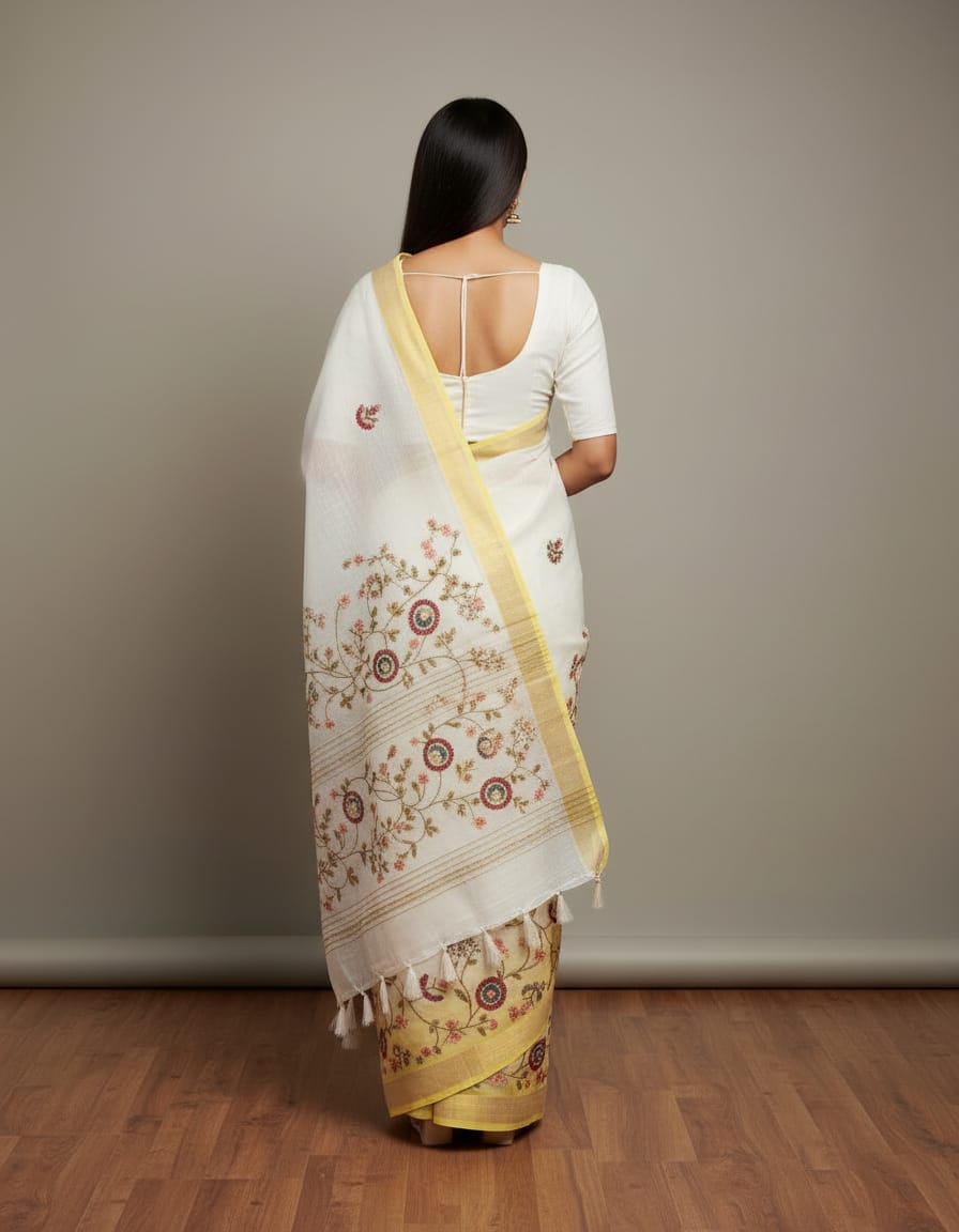Morchari Mal Chanderi with all over Kantha Hand Work Saree | Grocsy