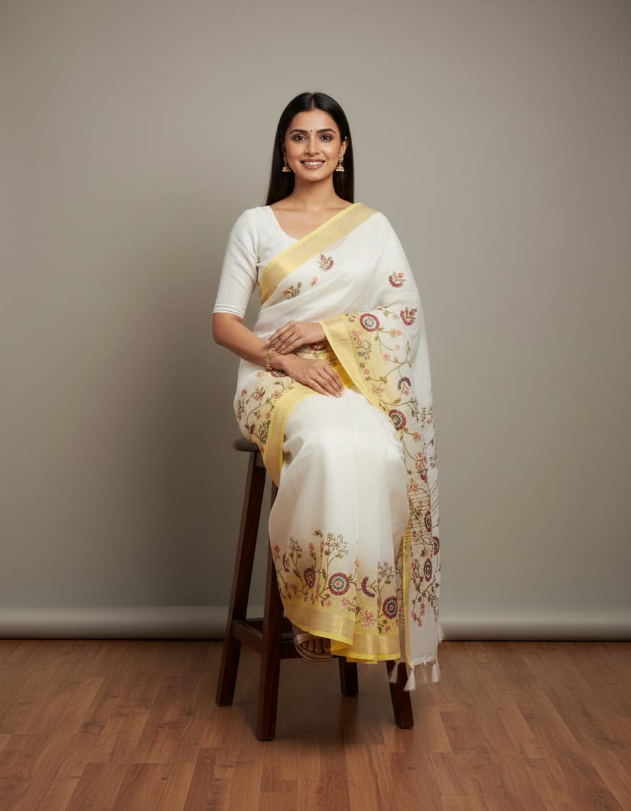 Morchari Mal Chanderi with all over Kantha Hand Work Saree | Grocsy