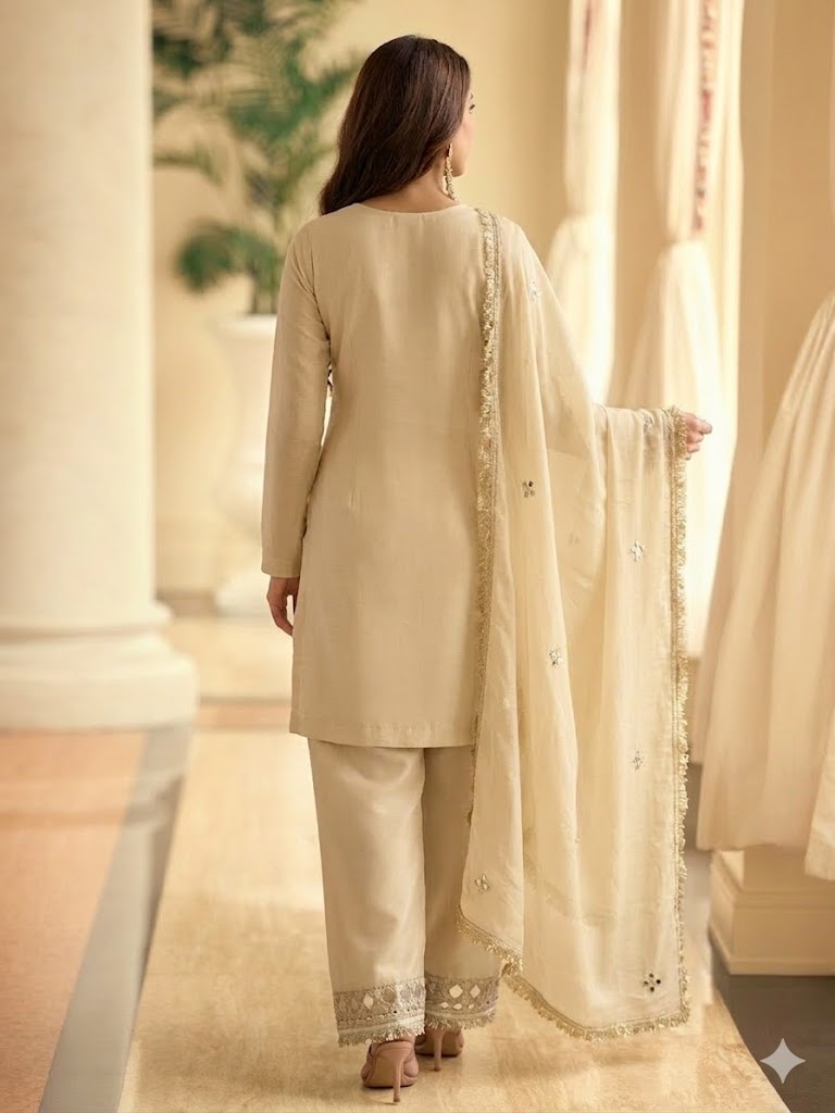 Evanik Cream Silk Blend Mirror Embroidery Work Kurti Palazzo Set With Dupatta | Grocsy