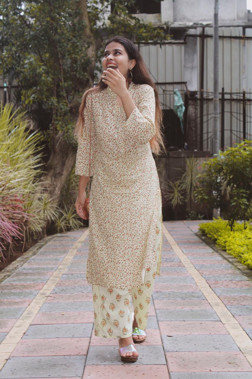 Jompers Women Yellow Floral Printed Kurta with Palazzos | Grocsy