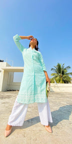 Jompers Women's Sky Blue & White Chikankari Embroidered Kurta with Palazzos | Grocsy