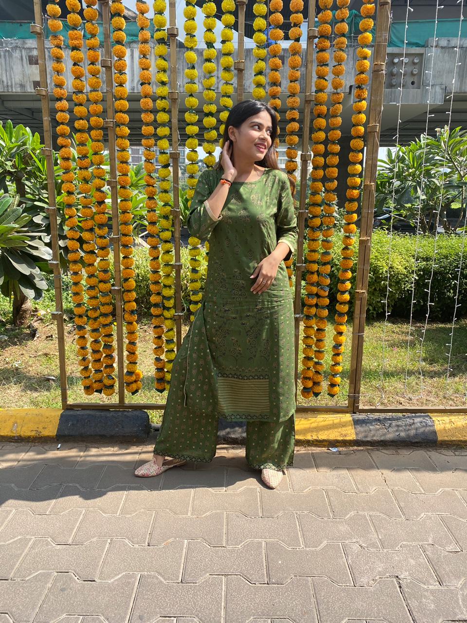 Jompers Women's Green & Golden Block Printed Kurta with Palazzos | Grocsy