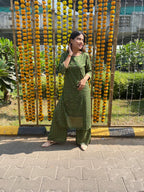 Jompers Women's Green & Golden Block Printed Kurta with Palazzos | Grocsy