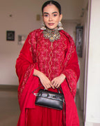 trueBrowns Red Velvet Embroidered Slit Kurta | Grocsy
