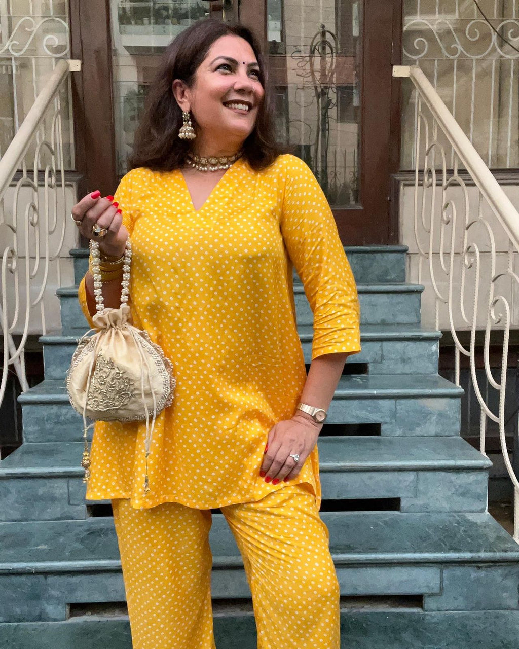 trueBrowns Yellow Bandhani Flare Printed Silk Co-Ord Set | Grocsy