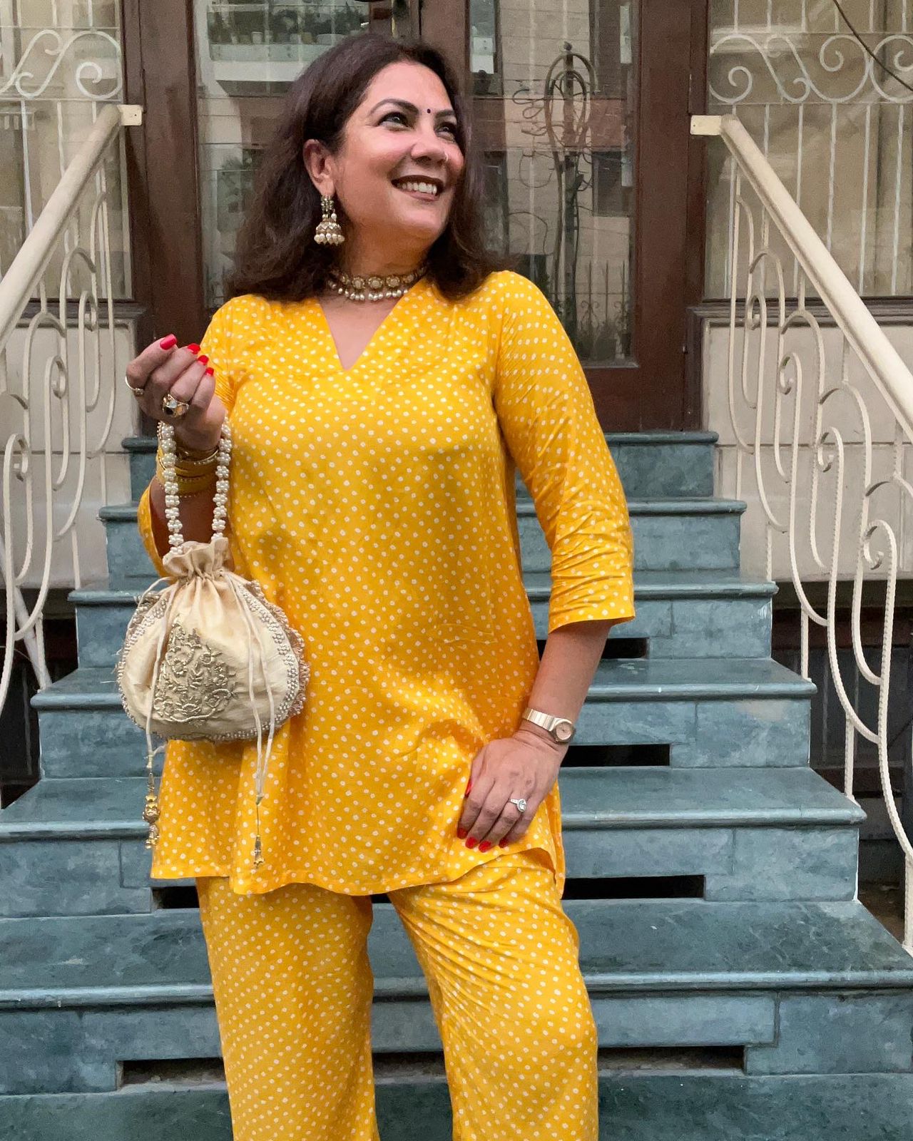 trueBrowns Yellow Bandhani Flare Printed Silk Co-Ord Set | Grocsy
