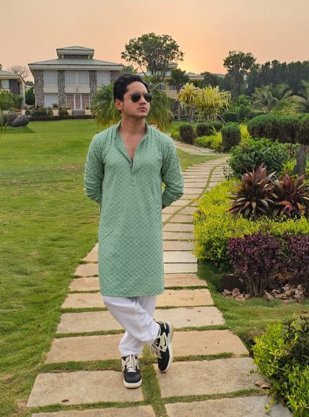 Jompers Men's Green Chikankari Embroidered and Sequence Kurta with Churidar | Grocsy