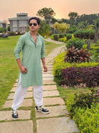 Jompers Men's Green Chikankari Embroidered and Sequence Kurta with Churidar | Grocsy