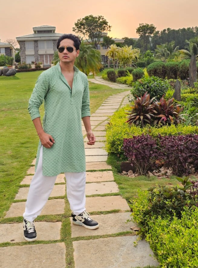 Jompers Men's Green Chikankari Embroidered and Sequence Kurta with Churidar | Grocsy