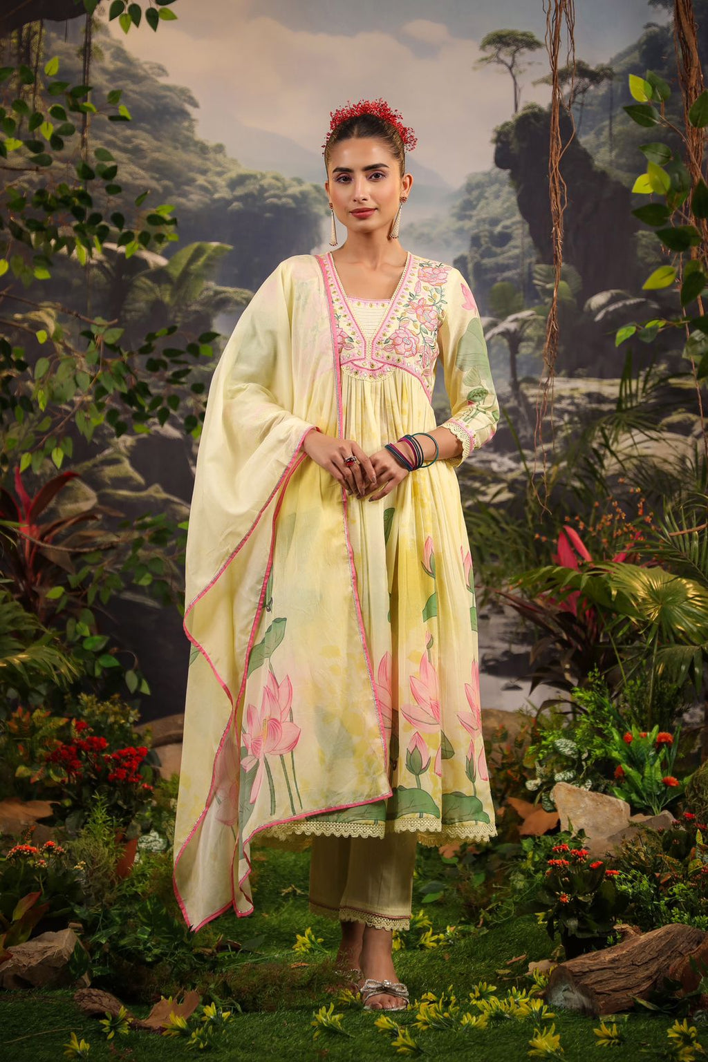 Alia Cut Embroidered & Floral Printed Kurta With Pant & Dupatta Luxury Premium, Multicolor - Hiral Fashion | Grocsy