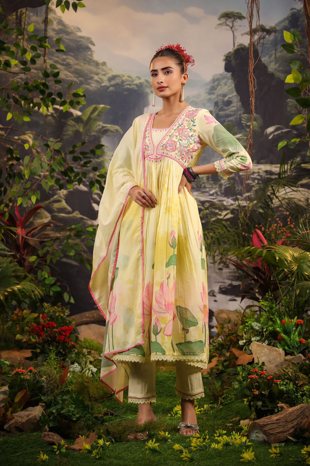 Alia Cut Embroidered & Floral Printed Kurta With Pant & Dupatta Luxury Premium, Multicolor - Hiral Fashion | Grocsy
