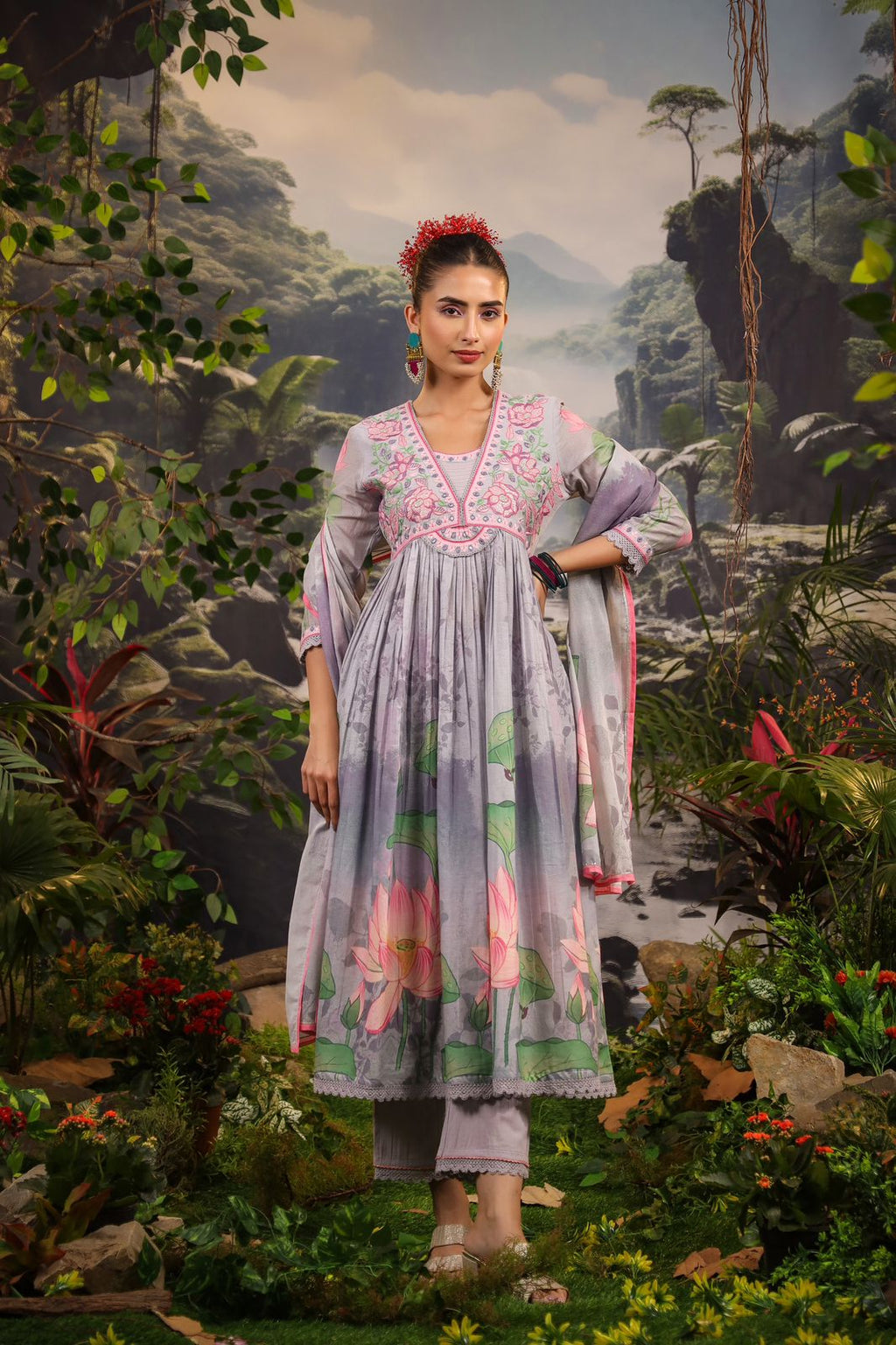 Alia Cut Embroidered & Floral Printed Kurta With Pant & Dupatta Luxury Premium, Multicolor - Hiral Fashion | Grocsy