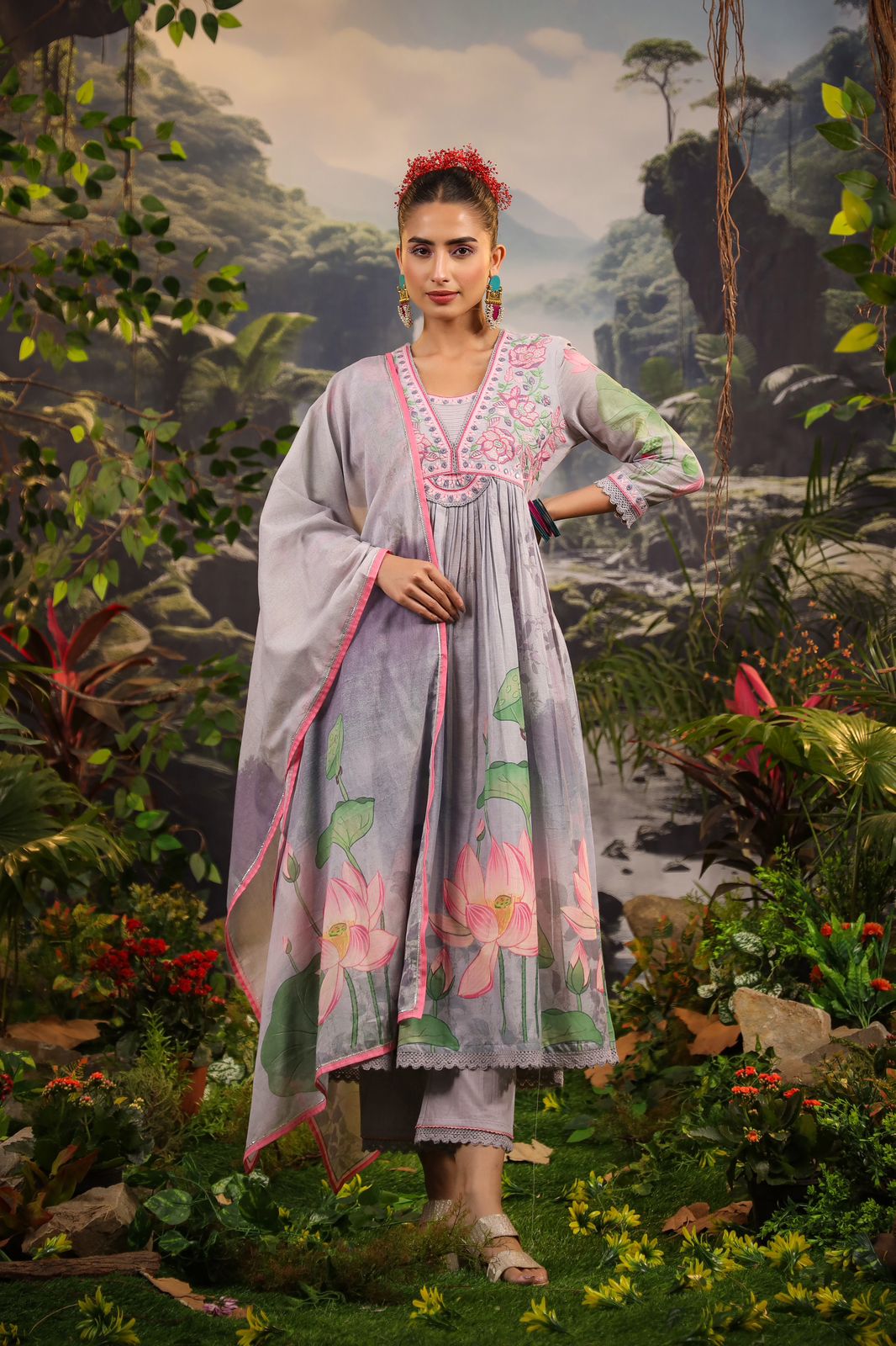 Alia Cut Embroidered & Floral Printed Kurta With Pant & Dupatta Luxury Premium, Multicolor - Hiral Fashion | Grocsy