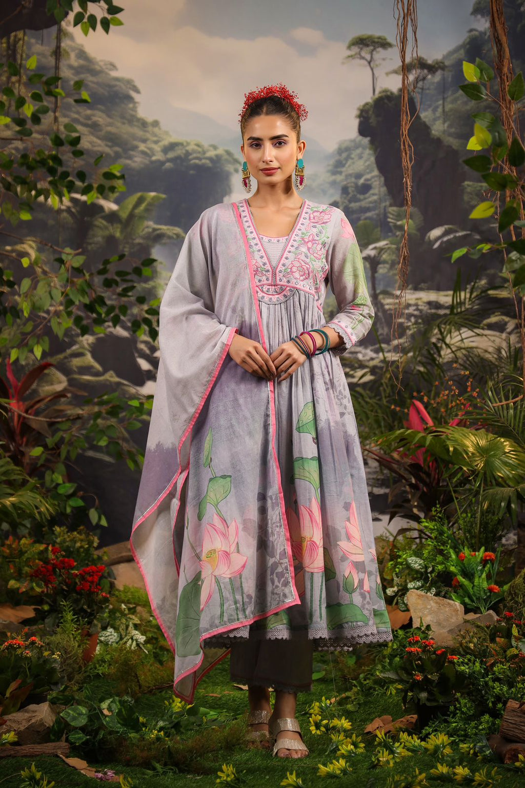 Alia Cut Embroidered & Floral Printed Kurta With Pant & Dupatta Luxury Premium, Multicolor - Hiral Fashion | Grocsy