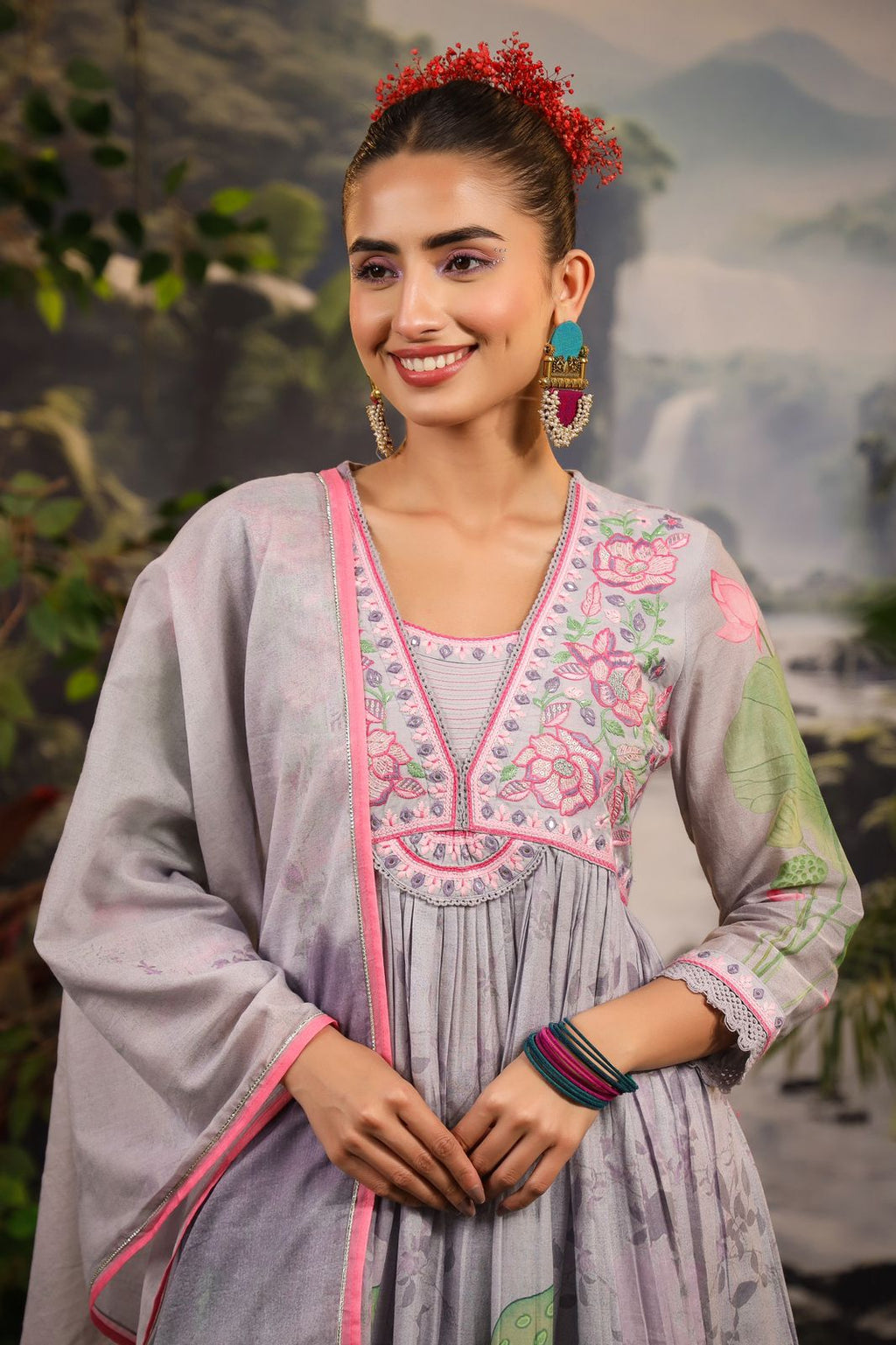 Alia Cut Embroidered & Floral Printed Kurta With Pant & Dupatta Luxury Premium, Multicolor - Hiral Fashion | Grocsy