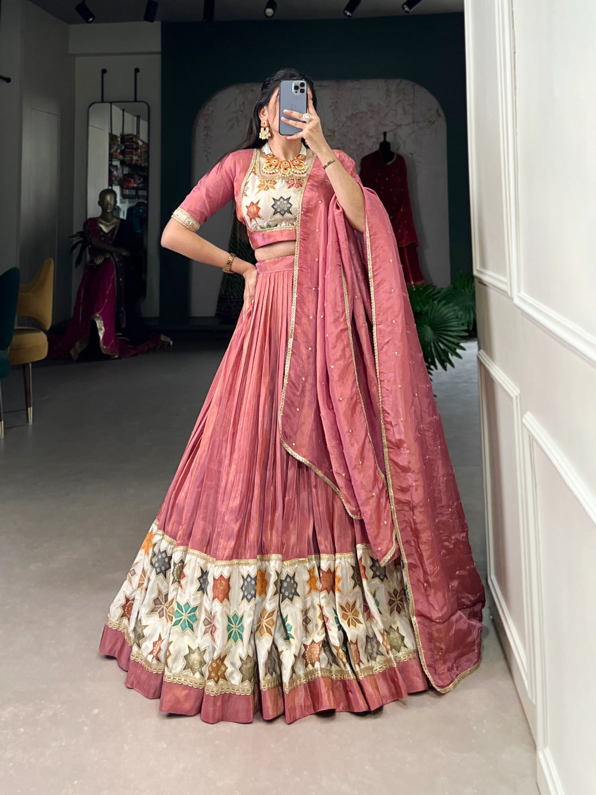 Lorenvalley Peach Premium Pure Shimmer Pure Shimmer Lehenga Choli | Grocsy