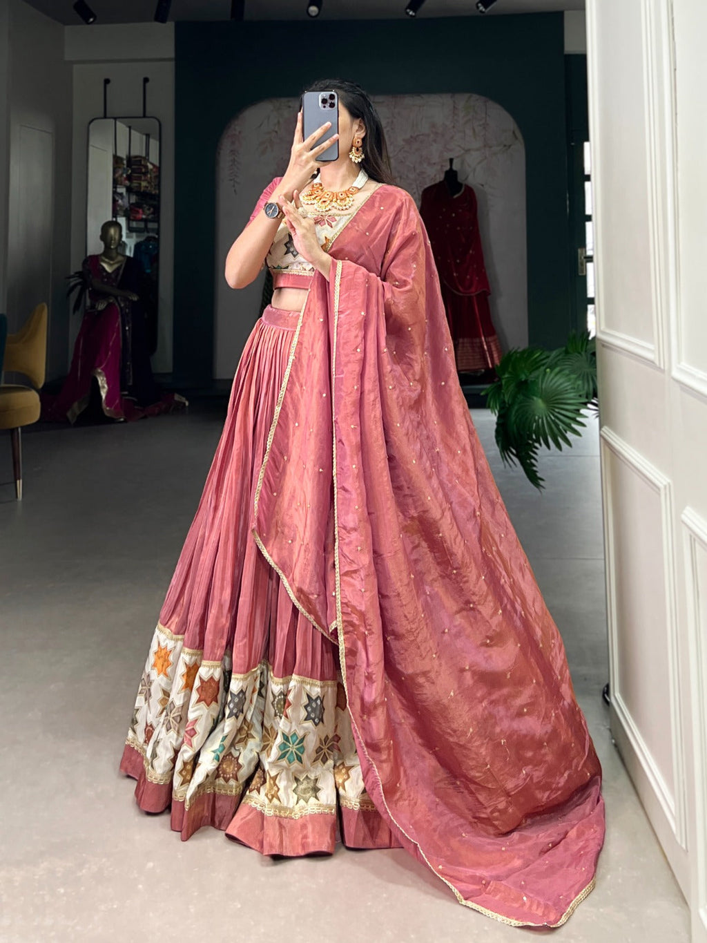 Lorenvalley Peach Premium Pure Shimmer Pure Shimmer Lehenga Choli | Grocsy