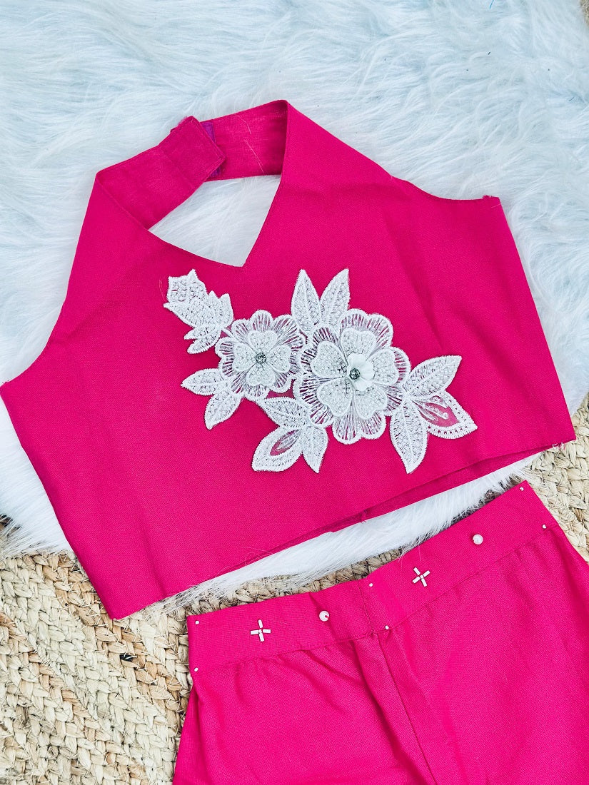 Evanik Pink Pure Khadi Cotton With Patch Work Kids Summer Co-Ord Set | Grocsy