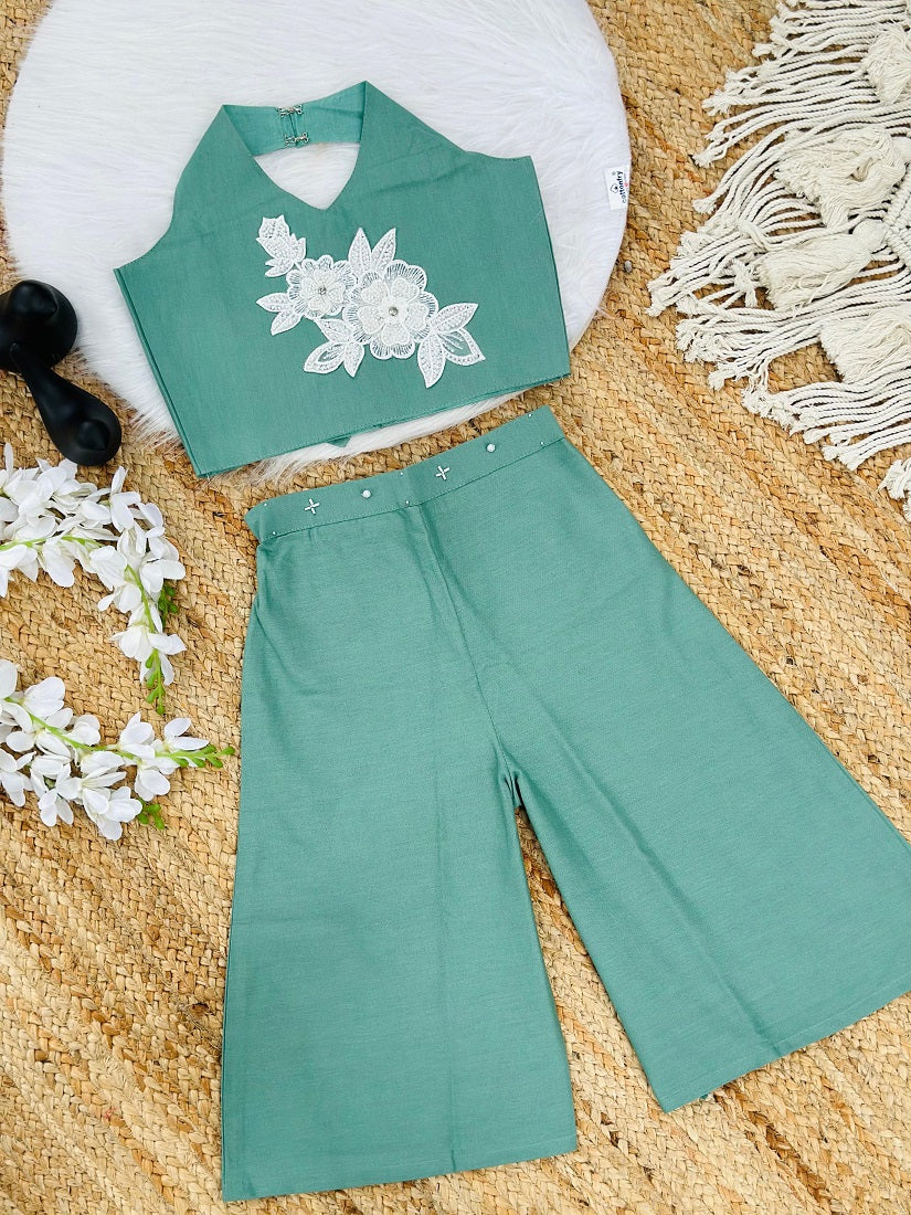 Evanik Green Pure Khadi Cotton With Patch Work Kids Summer Co-Ord Set | Grocsy