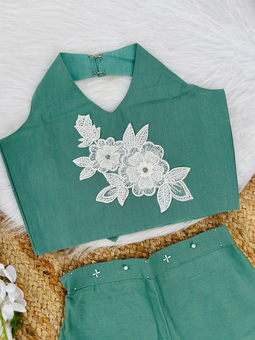 Evanik Green Pure Khadi Cotton With Patch Work Kids Summer Co-Ord Set | Grocsy