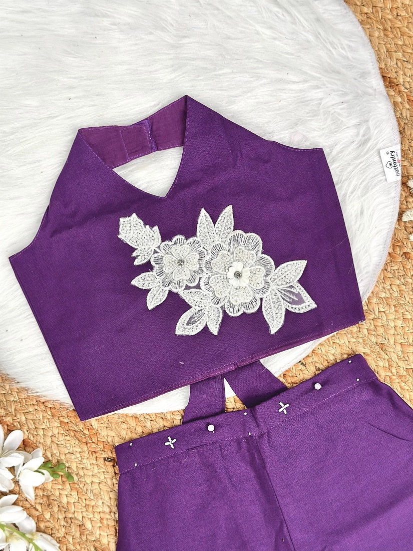 Evanik Purple Pure Khadi Cotton With Patch Work Kids Summer Co-Ord Set | Grocsy