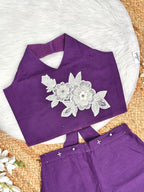 Evanik Purple Pure Khadi Cotton With Patch Work Kids Summer Co-Ord Set | Grocsy