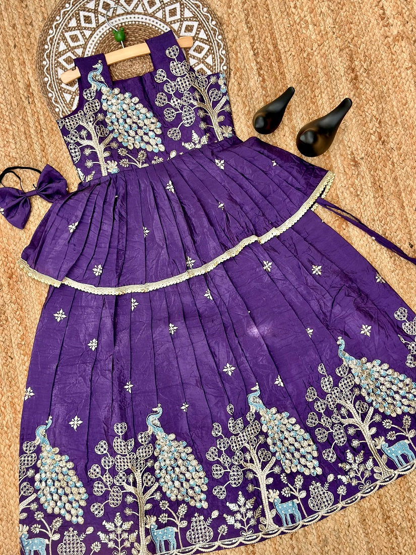Evanik Purple Pure Gold Crush With Peacock Design Work Kids Lehenga Choli | Grocsy