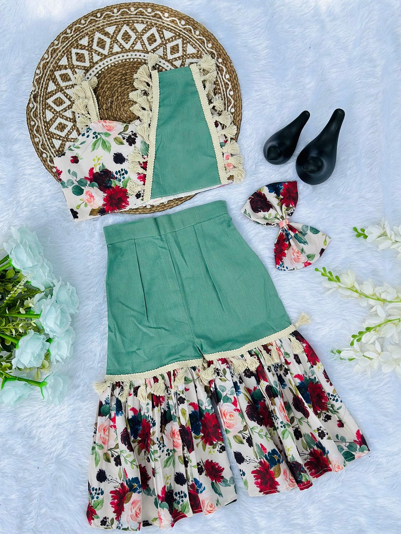 Evanik Green Kids Summer Cotton With Floral Print Co-Ord Set | Grocsy