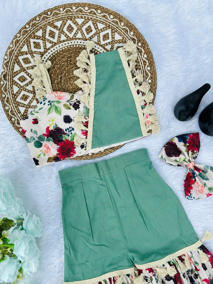 Evanik Green Kids Summer Cotton With Floral Print Co-Ord Set | Grocsy
