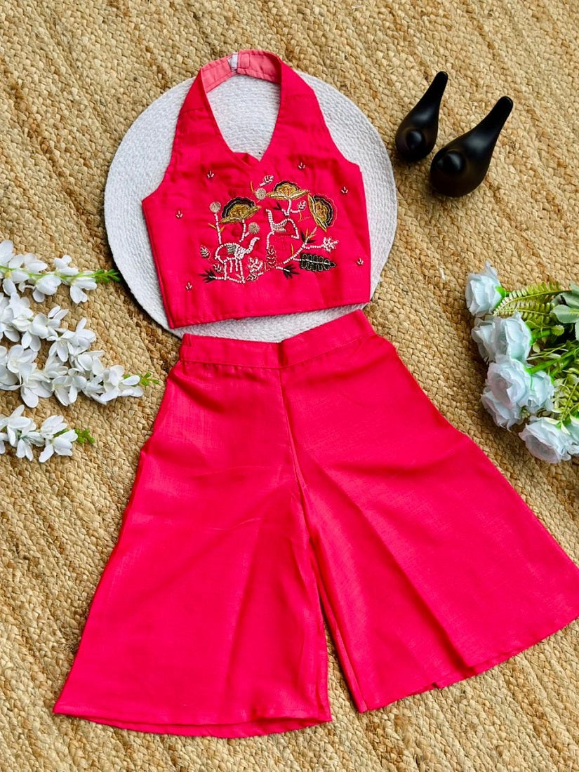 Evanik Pink Premium Pure Cotton Fabric With Hand Work Kids Co-Ord Set | Grocsy
