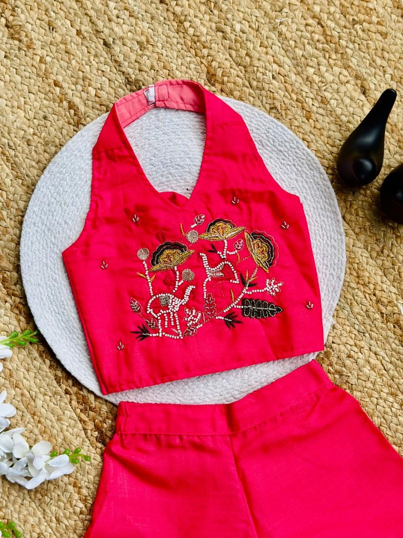 Evanik Pink Premium Pure Cotton Fabric With Hand Work Kids Co-Ord Set | Grocsy