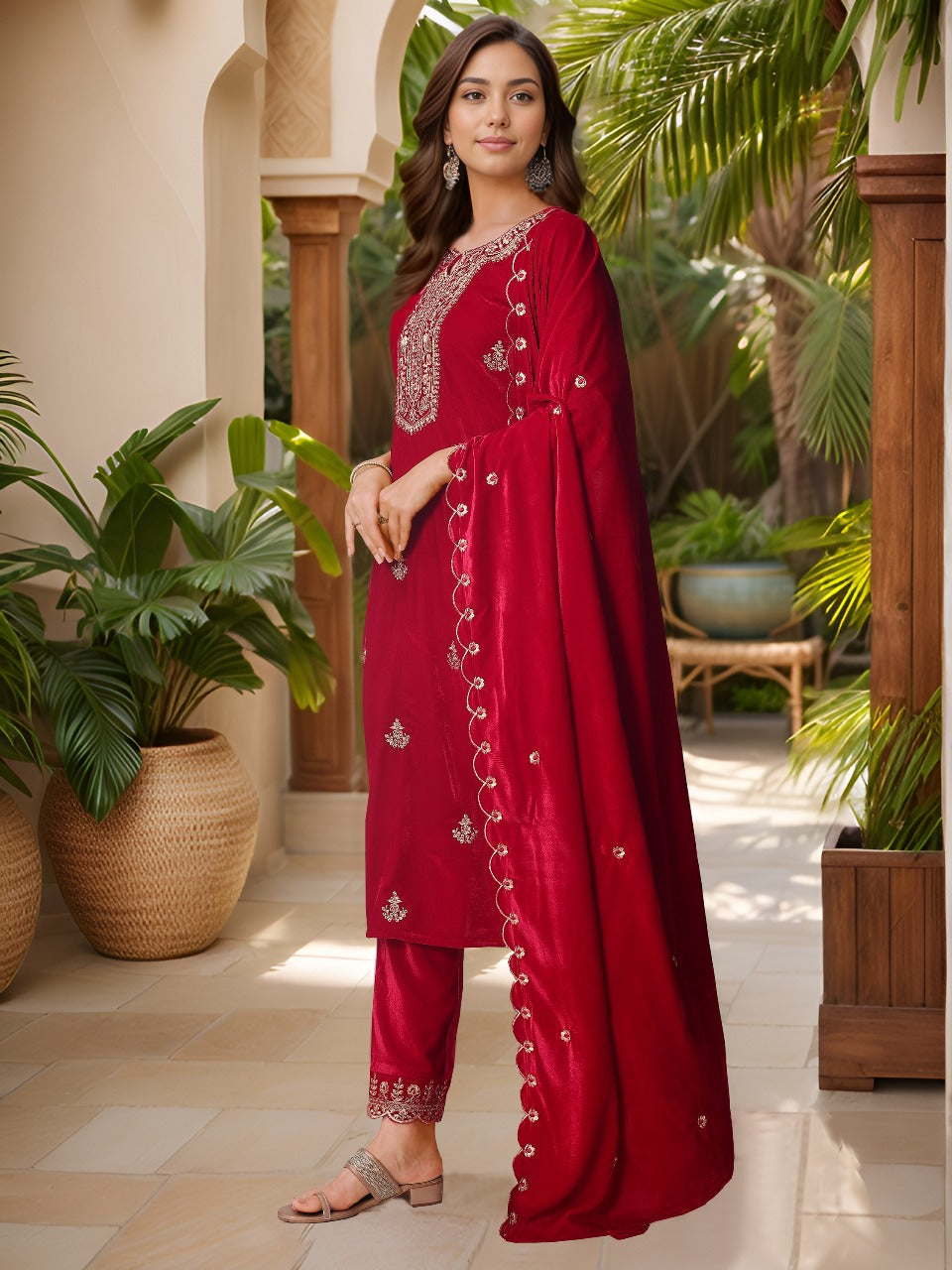 Thread & Sequined Embroidered Velvet Kurta With Pant & Embroidered Dupatta, Pink - Hiral Fashion | Grocsy