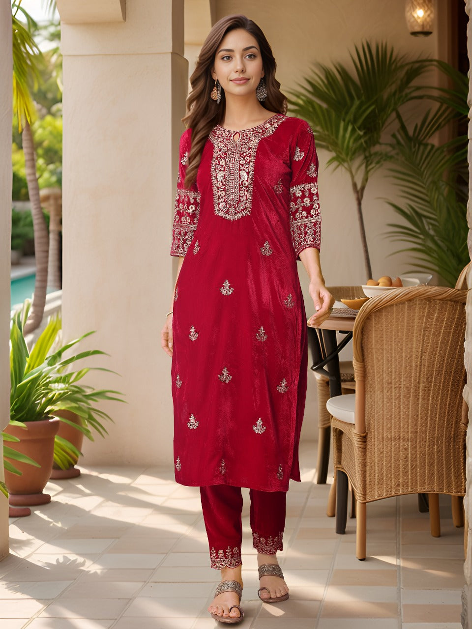 Thread & Sequined Embroidered Velvet Kurta With Pant & Embroidered Dupatta, Pink - Hiral Fashion | Grocsy