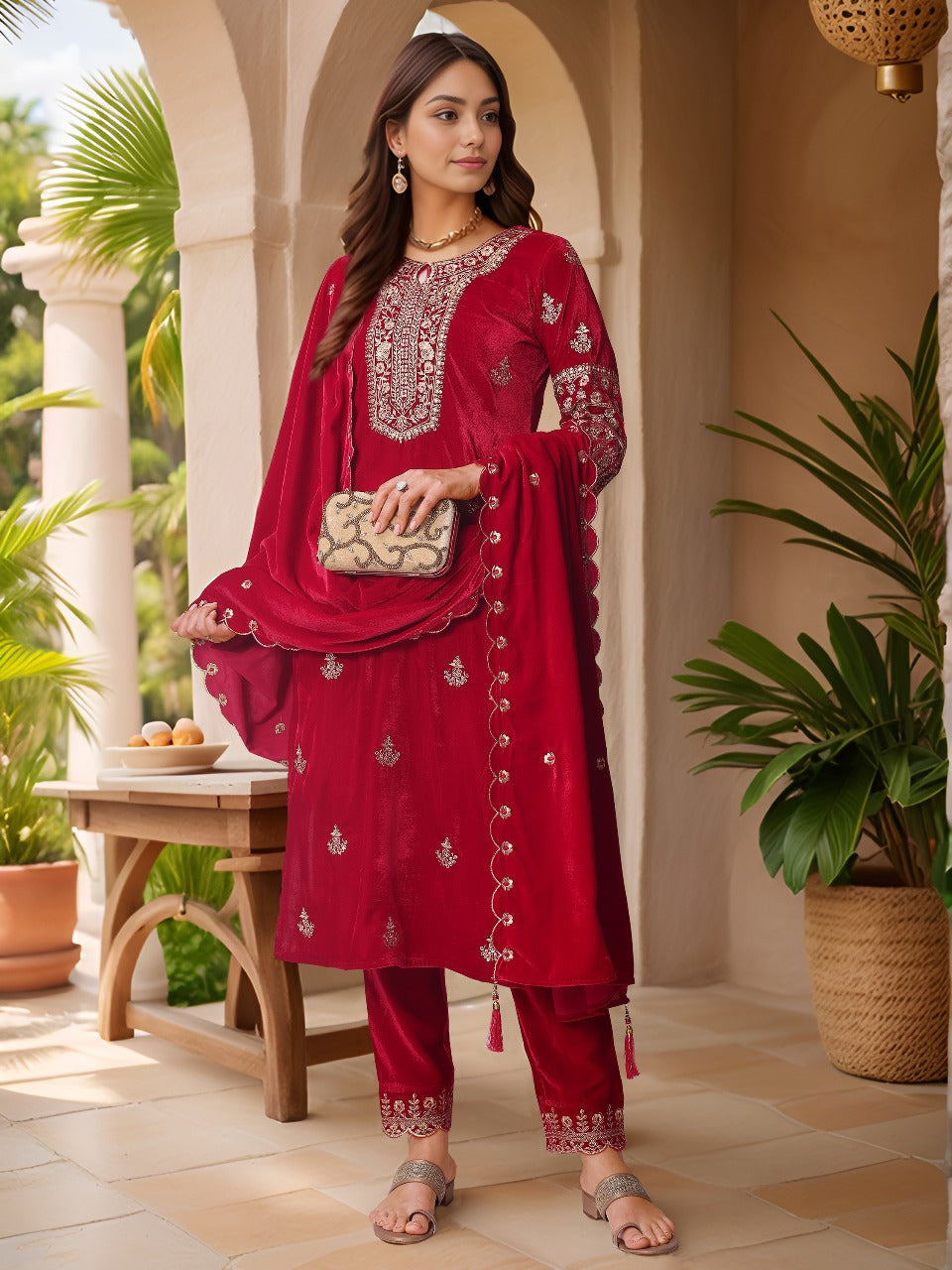 Thread & Sequined Embroidered Velvet Kurta With Pant & Embroidered Dupatta, Pink - Hiral Fashion | Grocsy