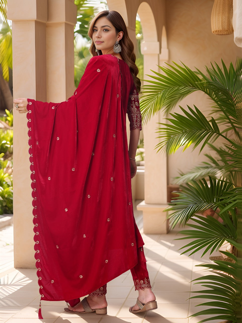 Thread & Sequined Embroidered Velvet Kurta With Pant & Embroidered Dupatta, Pink - Hiral Fashion | Grocsy